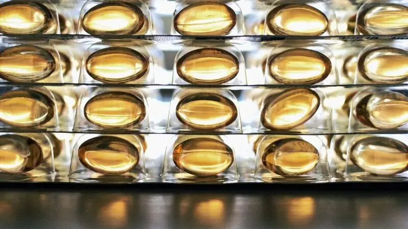 A blister pack of omega-3 containing fish oil soft gel capsules