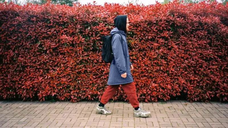 white man in blue hoodie, red trousers, and black backpack walking against backdrop of red-leaved hedge