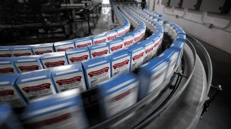 boxes of cake mix on factory line