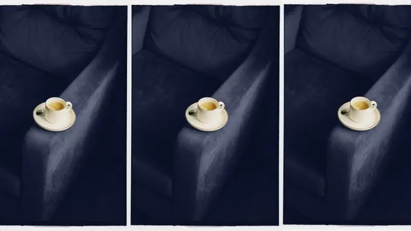 photo of coffee cup on the arm of a dark armchair repeated three times