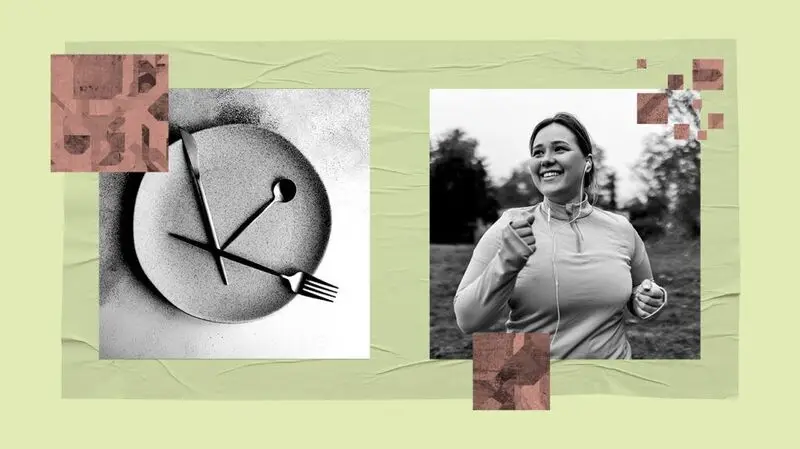 collage of cutlery arranged as clock hands on a plate and photo of a woman running