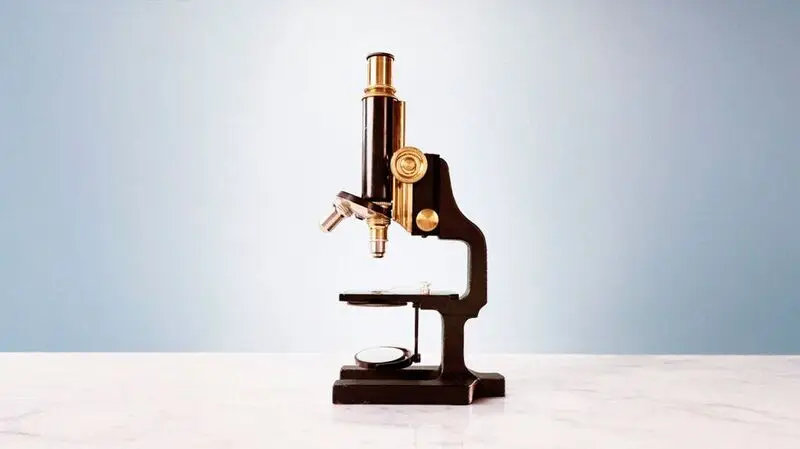 A studio shot of a microscope examining human cells