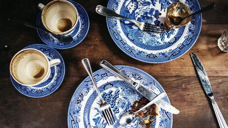 photo of blue china crockery