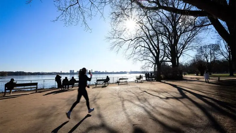 A person jogging outside as people sit on benches nearby in a park