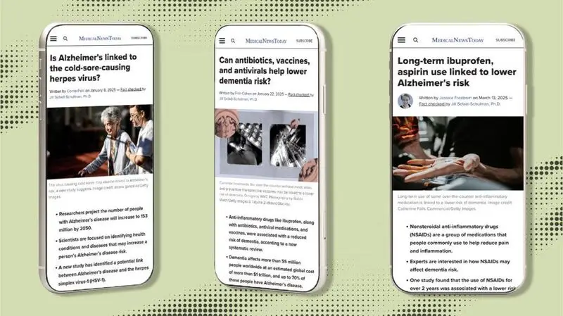 three smartphone screens showcasing dementia research coverage