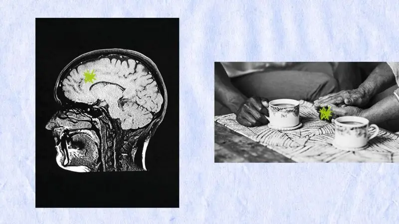 A collage of an MRI of a human brain and two older adults having coffee at a table