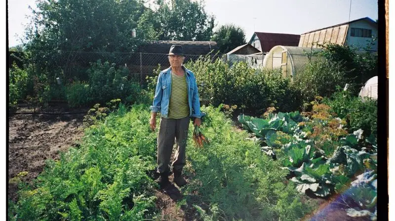 An older adult man stands amid a vegetable patch with a bunch of carrots in hand