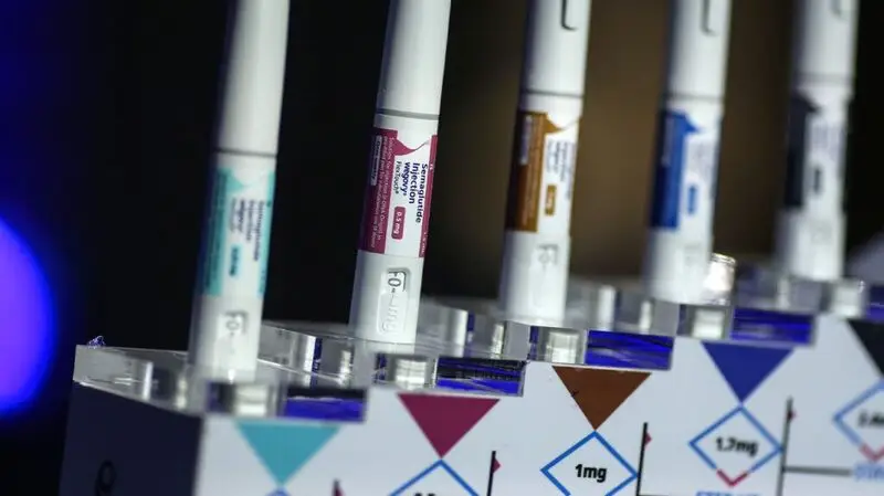 Five Ozempic pens, used to treat type 2 diabetes and obesity, in a row