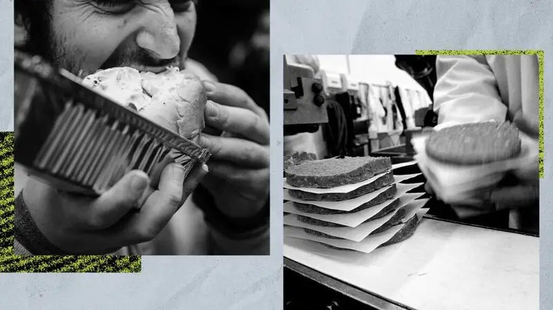 collage of two black and white photographs, one showing a man biting into a burger, the other a tray of burger patties