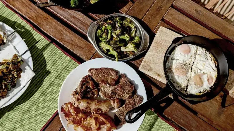 dishes of grilled chicken, broccoli, and fried eggs