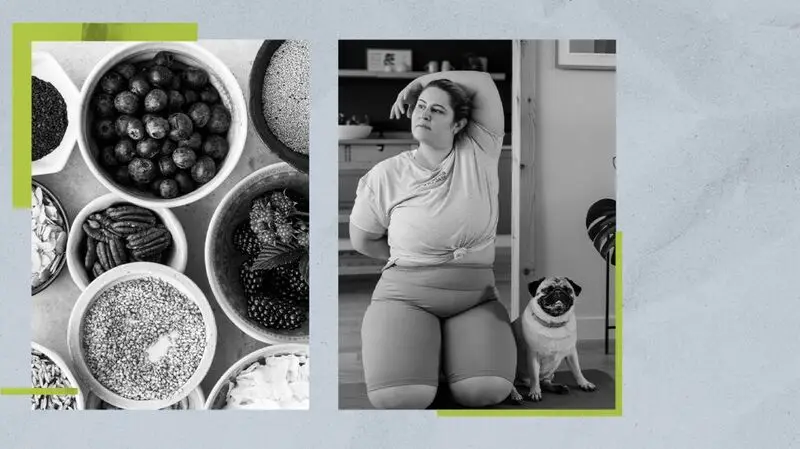A collage of two photos depicting a healthy diet with bowls of fruits, nuts and seeds, and a woman stretching on a mat with her dog