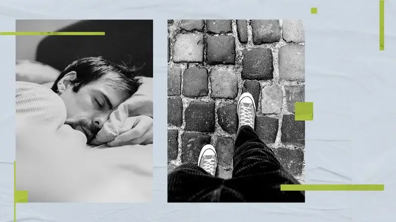 collage showing man sleeping and feet on pavement
