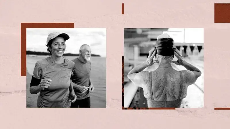 A two photo collage of older adults running and another swimming in an indoor pool
