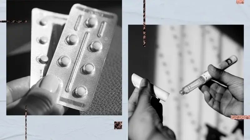 collage of black and white photos showing blister pack of pills and one injection dose