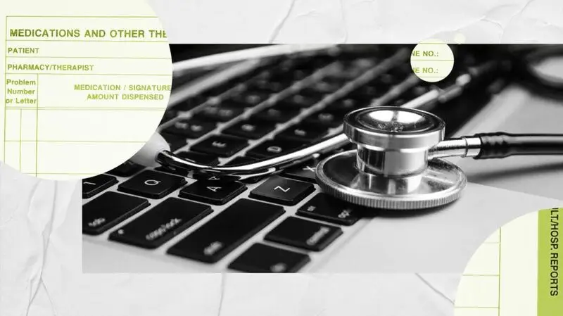 A stethoscope on a laptop keyboard.