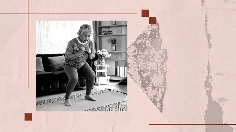 A photo collage of an older adult female with osteoarthritis exercising at home