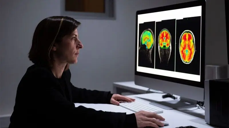 A healthcare professional looking at brain MRI scans.