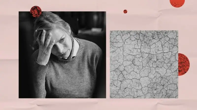collage showing a black and white photo of a woman holding her head in her hands and a skin sample