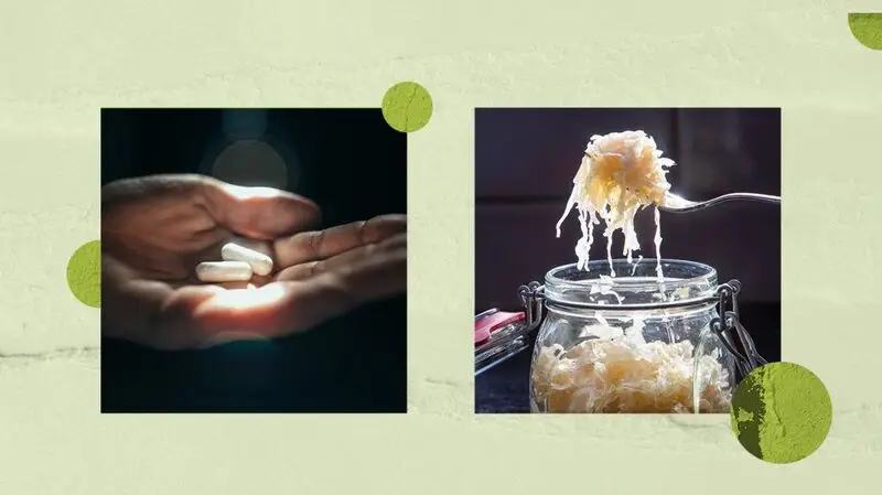 collage of probiotic supplements and jar of sauerkraut