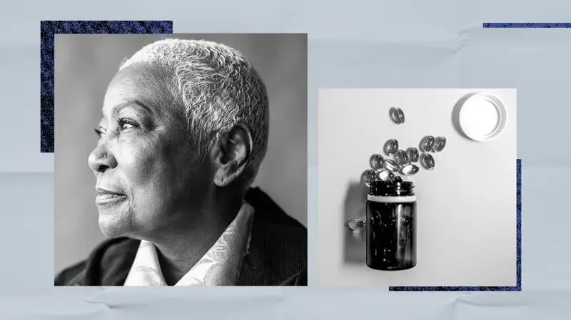 A collage of an older adult and vitamin D supplements.