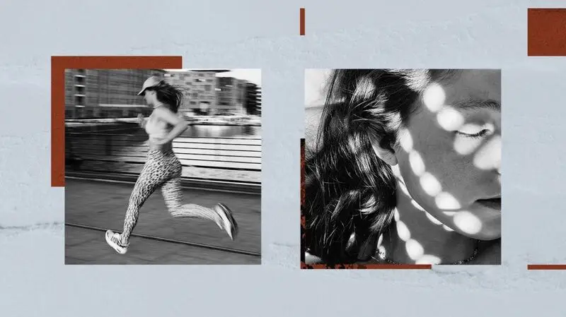 A collage showing a person running and another person sleeping.