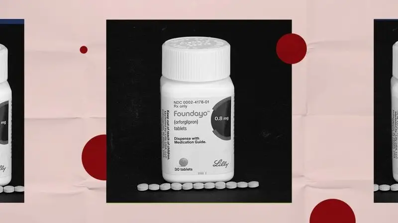 A collage of the oral Foundayo pill.