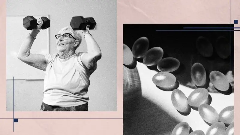A photo collage of an older woman doing a shoulder press with dumbbels and vitamin D supplements
