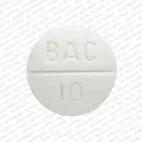 First baclofen (Baclofen (oral) [ bak-loe-fen ])-BAC 10 832-10 mg-White-Round