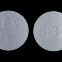 First baclofen (Baclofen (oral) [ bak-loe-fen ])-BAC 10 832-10 mg-White-Round