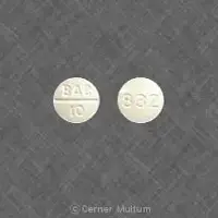 First baclofen (Baclofen (oral) [ bak-loe-fen ])-BAC 10 832-10 mg-White-Round