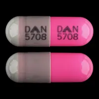 Clindamycin (systemic) (monograph) (Cleocin hcl)-DAN 5708 DAN 5708-150 mg-Gray & Pink-Capsule-shape