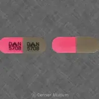 Clindamycin (systemic) (monograph) (Cleocin hcl)-DAN 5708 DAN 5708-150 mg-Gray & Pink-Capsule-shape