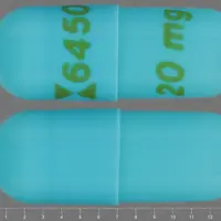 Esomeprazole (injection) (Esomeprazole (injection) [ ee-soe-mep-ra-zole ])-Logo 6450 20 mg-20 mg-Blue-Capsule-shape