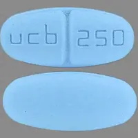 Keppra (Levetiracetam (oral/injection) [ lee-ve-tye-ra-se-tam ])-ucb 250-250 mg-Blue-Oval