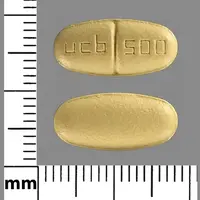 Keppra (Levetiracetam (oral/injection) [ lee-ve-tye-ra-se-tam ])-ucb 500-500 mg-Yellow-Oval