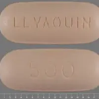 Levaquin (Levofloxacin (oral) [ lee-voe-flox-a-sin ])-LEVAQUIN 500-500 mg-Orange-Oval