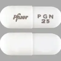 Lyrica (Pregabalin [ pre-gab-a-lin ])-Pfizer PGN 25-25 mg-White-Capsule-shape