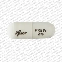 Lyrica (Pregabalin [ pre-gab-a-lin ])-Pfizer PGN 25-25 mg-White-Capsule-shape