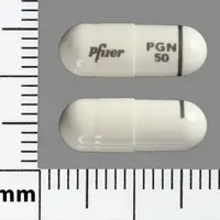 Lyrica (Pregabalin [ pre-gab-a-lin ])-Pfizer PGN 50-50 mg-White-Capsule-shape