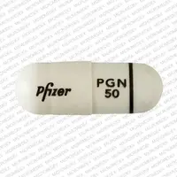 Lyrica (Pregabalin [ pre-gab-a-lin ])-Pfizer PGN 50-50 mg-White-Capsule-shape