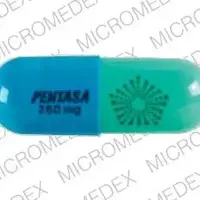 Pentasa (Mesalamine (oral) [ me-sal-a-meen ])-PENTASA 250 mg Logo 2010-250 mg-Blue / Green-Capsule-shape