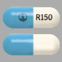 Pradaxa (Dabigatran [ da-big-a-tran ])-Logo R150-150 mg-Blue & White-Capsule-shape