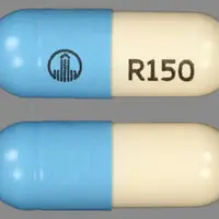 Pradaxa (Dabigatran [ da-big-a-tran ])-Logo R150-150 mg-Blue & White-Capsule-shape