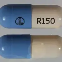 Pradaxa (Dabigatran [ da-big-a-tran ])-Logo R150-150 mg-Blue & White-Capsule-shape