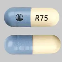 Pradaxa (Dabigatran [ da-big-a-tran ])-Logo R75-75 mg-Blue / Beige-Capsule-shape