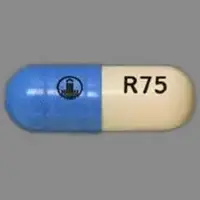 Pradaxa (Dabigatran [ da-big-a-tran ])-Logo R75-75 mg-Blue / Beige-Capsule-shape