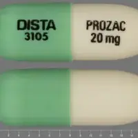 Prozac (Fluoxetine [ floo-ox-e-teen ])-DISTA 3105 PROZAC 20 mg-20 mg-Green & Yellow-Capsule-shape