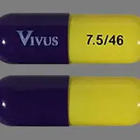 Qsymia (Phentermine and topiramate [ fen-ter-meen-and-toe-pir-a-mate ])-VIVUS 7.5/46-phentermine hydrochloride 7.5 mg (base) / topiramate extended-release 46 mg-Purple / Yellow-Capsule-shape