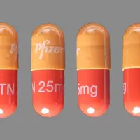 Sutent (Sunitinib [ soo-nit-in-ib ])-Pfizer STN 25 mg-25 mg-Brown & Orange-Capsule-shape