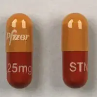 Sutent (Sunitinib [ soo-nit-in-ib ])-Pfizer STN 25 mg-25 mg-Brown & Orange-Capsule-shape